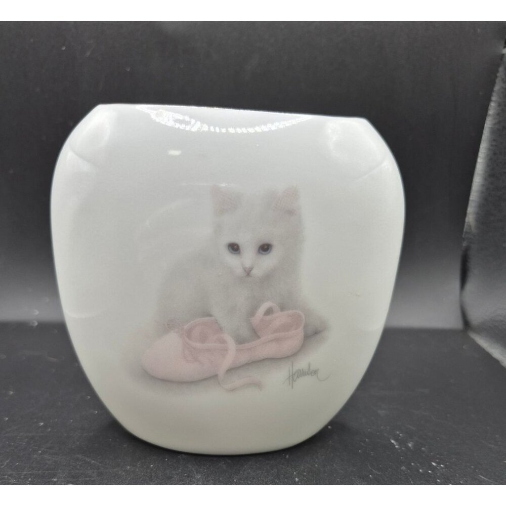 White Ceramic Vase  Kitten & Ballet Shoes Art By Harrison Oval Opening Gold Rim